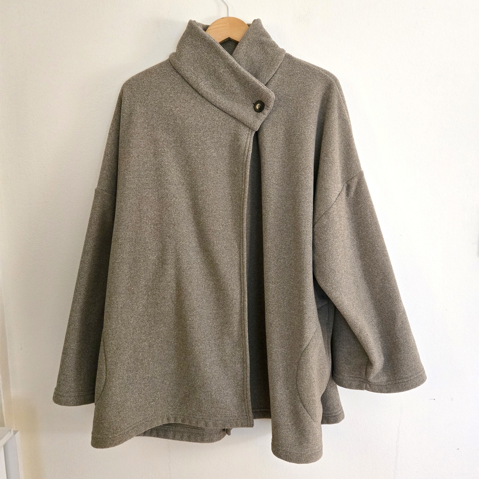 Bryn Walker Oversized Funnel Neck Fleece Cocoon Jacket Cardigan Greige Taupe